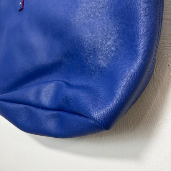 Blue Scalloped Tote Bag Faux Leather Pink Trim Bow Accent Large 18"x13" Shopper - Picture 2 of 6